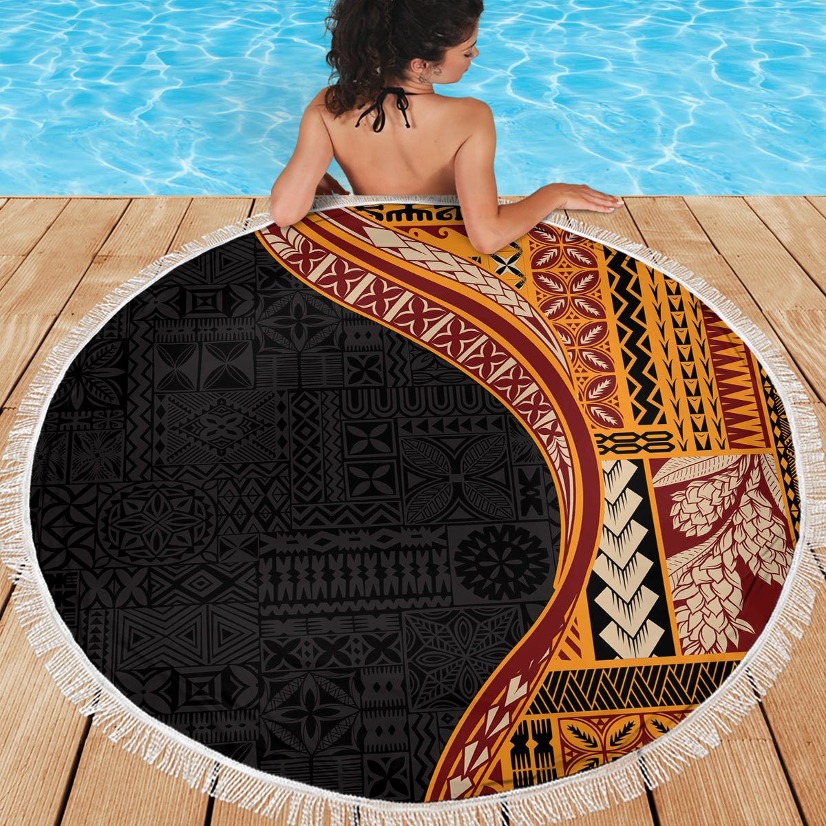 Samoa Siapo Motif and Tapa Pattern Half Style Beach Blanket Yellow Color LT03 - Polynesian Pride