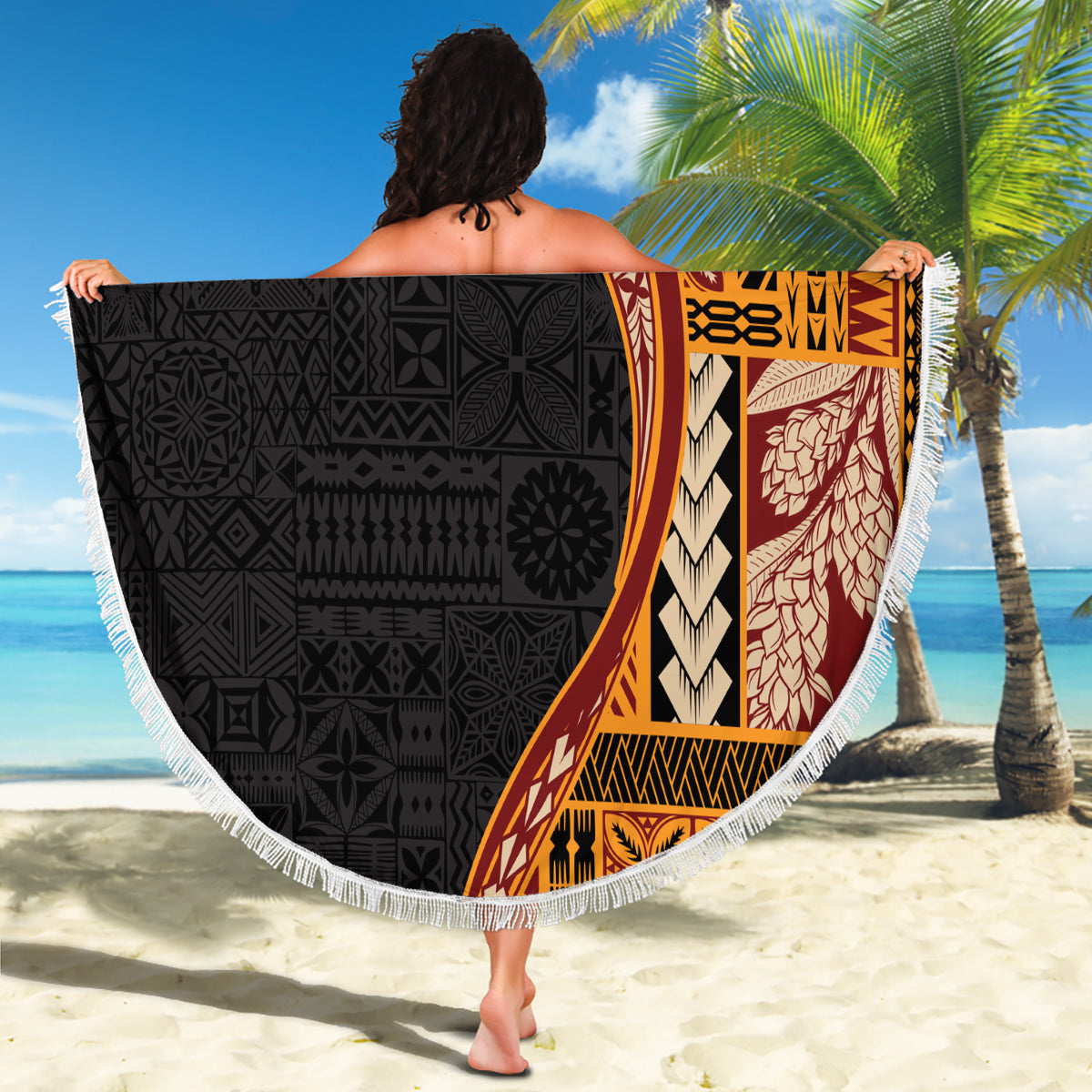 Samoa Siapo Motif and Tapa Pattern Half Style Beach Blanket Yellow Color LT03 - Polynesian Pride