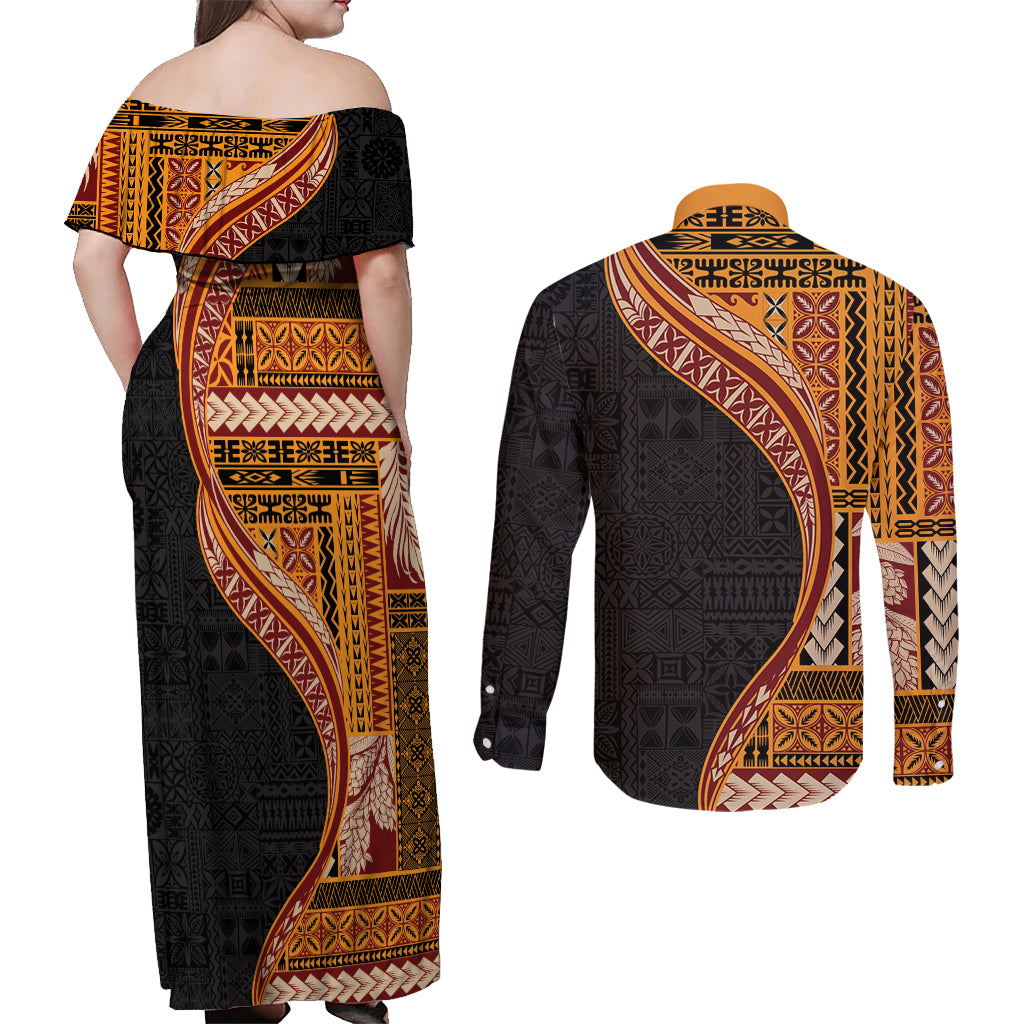 Samoa Siapo Motif and Tapa Pattern Half Style Couples Matching Off Shoulder Maxi Dress and Long Sleeve Button Shirt Yellow Color