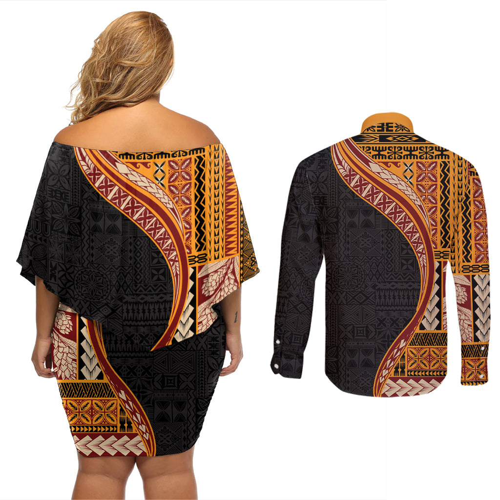 Samoa Siapo Motif and Tapa Pattern Half Style Couples Matching Off Shoulder Short Dress and Long Sleeve Button Shirt Yellow Color