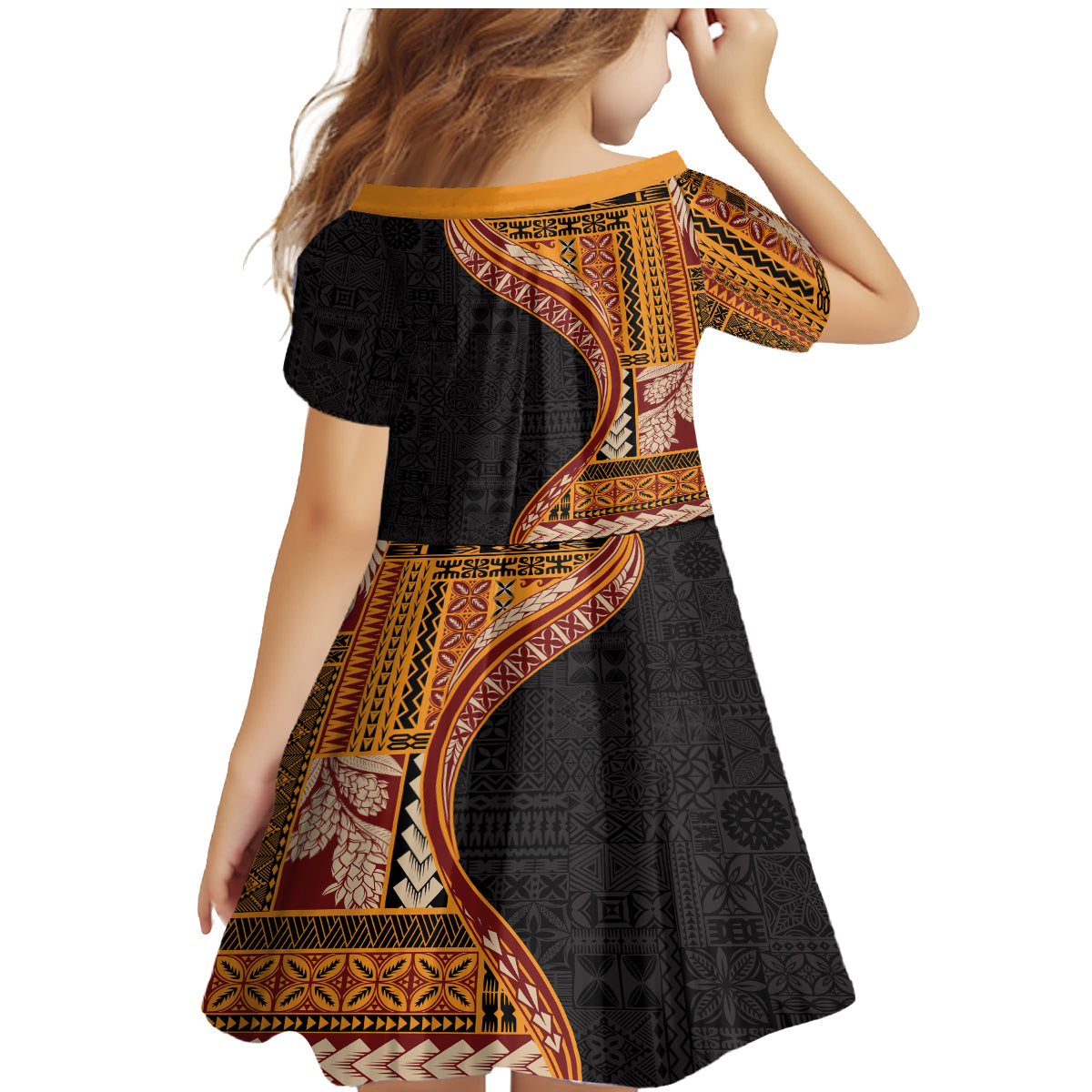 Samoa Siapo Motif and Tapa Pattern Half Style Family Matching Mermaid Dress and Hawaiian Shirt Yellow Color