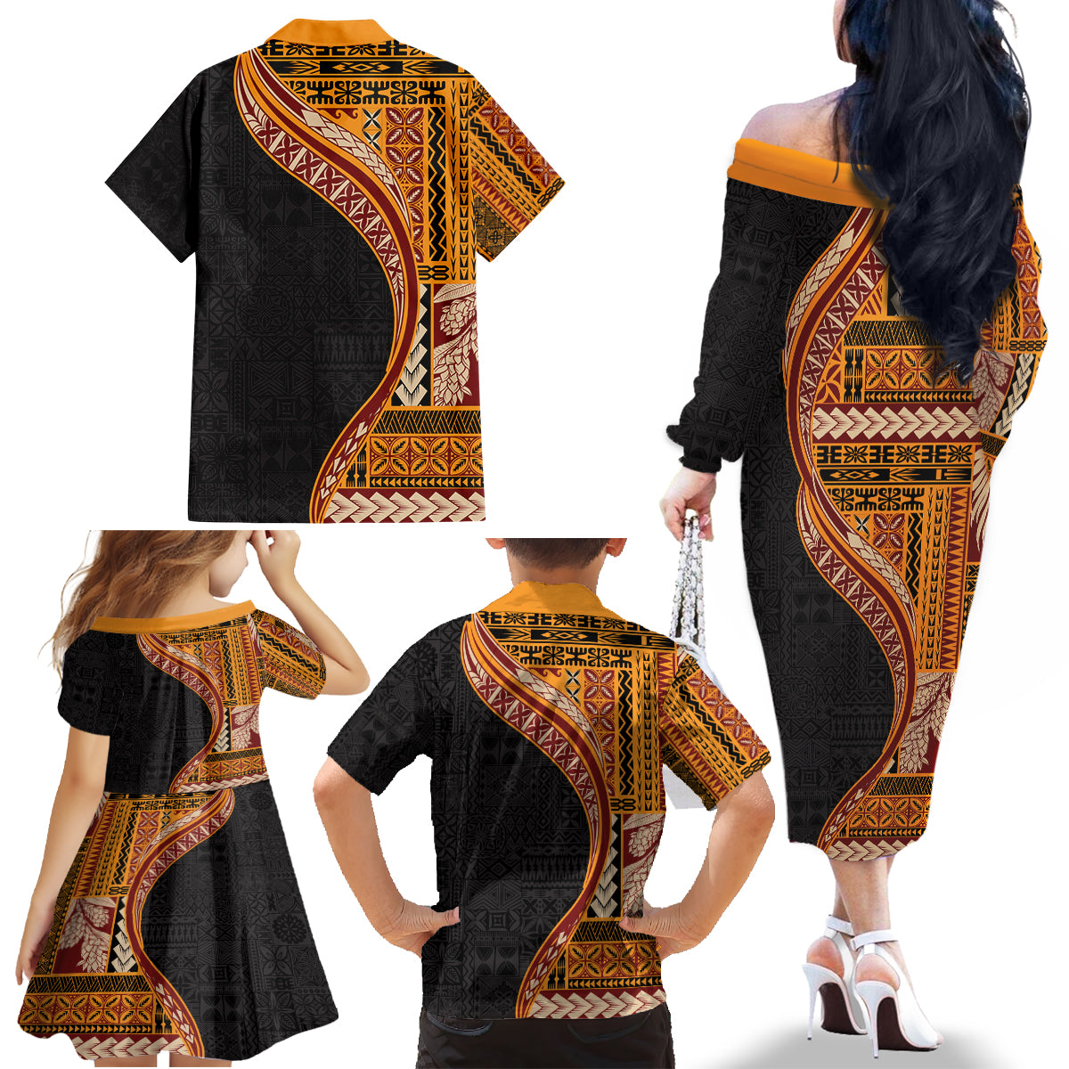 Samoa Siapo Motif and Tapa Pattern Half Style Family Matching Off The Shoulder Long Sleeve Dress and Hawaiian Shirt Yellow Color