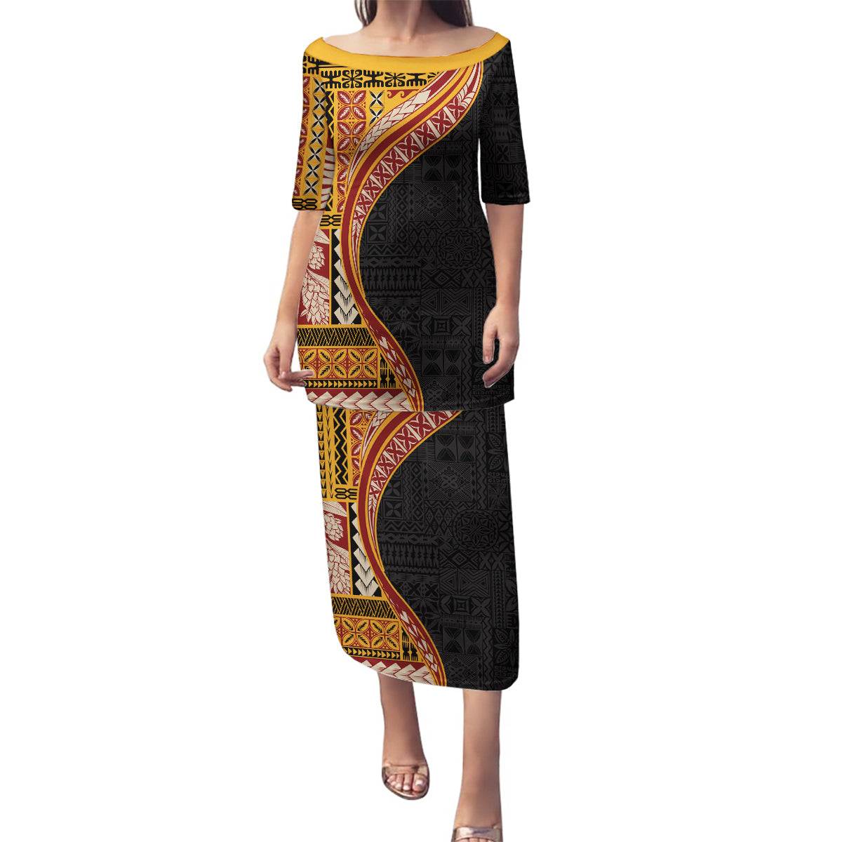 Samoa Siapo Motif and Tapa Pattern Half Style Family Matching Puletasi and Hawaiian Shirt Yellow Color