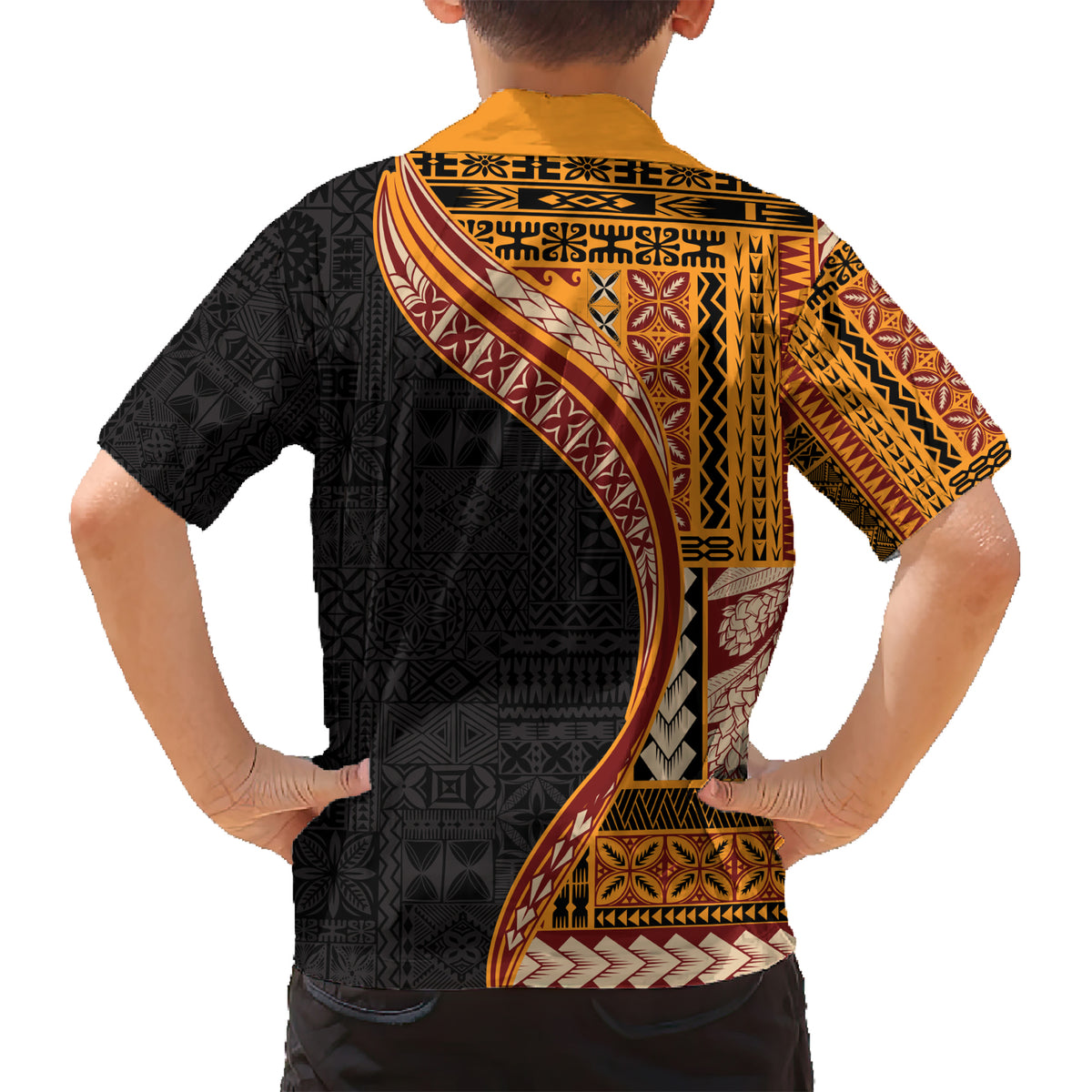 Samoa Siapo Motif and Tapa Pattern Half Style Kid Hawaiian Shirt Yellow Color