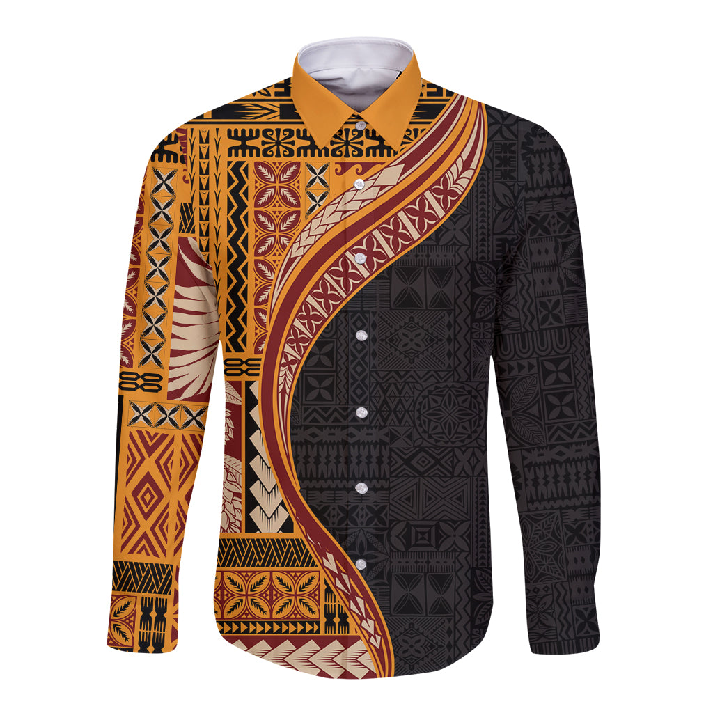 Samoa Siapo Motif and Tapa Pattern Half Style Long Sleeve Button Shirt Yellow Color LT03 Unisex Yellow - Polynesian Pride