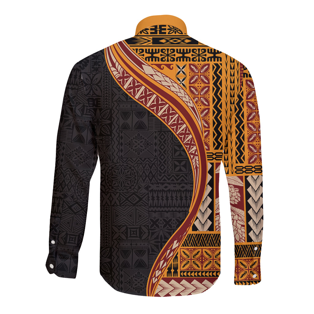 Samoa Siapo Motif and Tapa Pattern Half Style Long Sleeve Button Shirt Yellow Color LT03 - Polynesian Pride