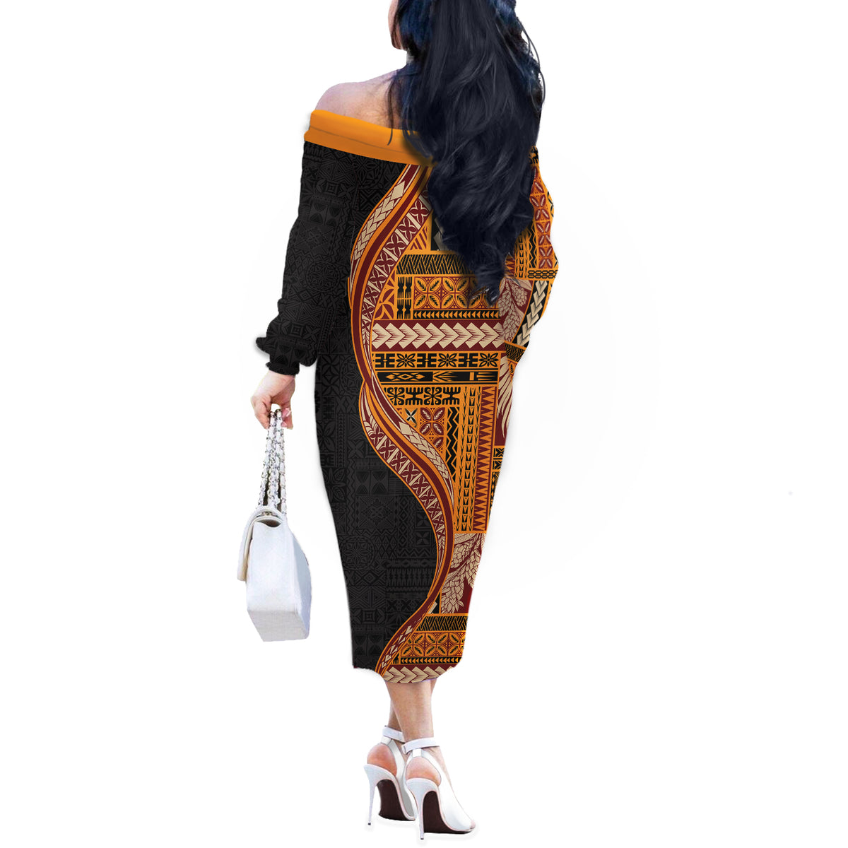 Samoa Siapo Motif and Tapa Pattern Half Style Off The Shoulder Long Sleeve Dress Yellow Color LT03 - Polynesian Pride