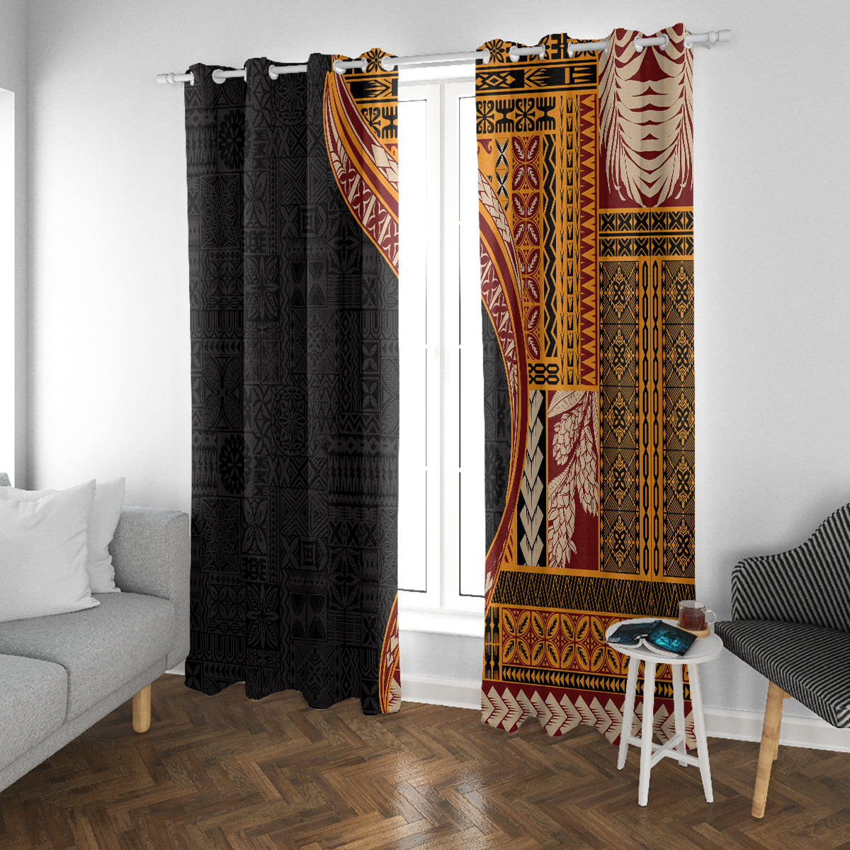 Samoa Siapo Motif and Tapa Pattern Half Style Window Curtain Yellow Color LT03 With Grommets Yellow - Polynesian Pride