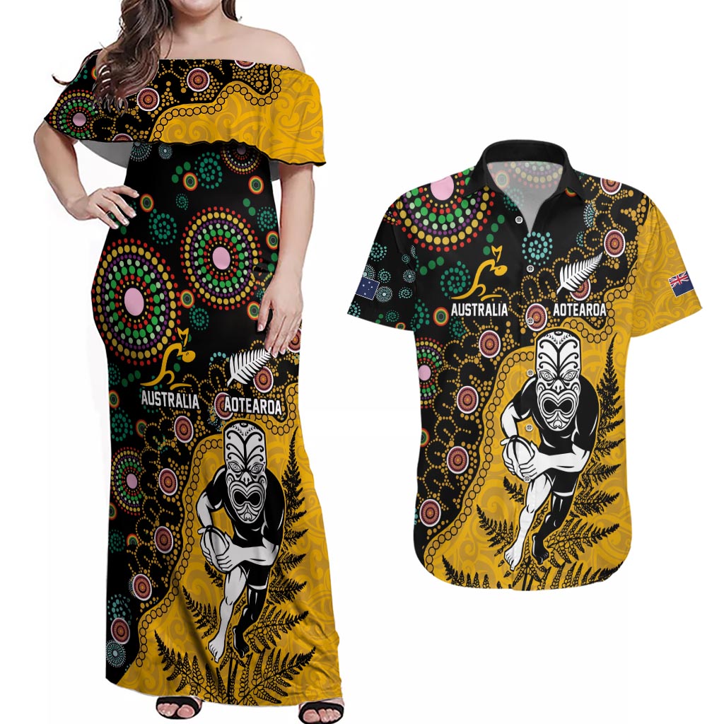 Custom New Zealand and Australia Rugby Couples Matching Off Shoulder Maxi Dress and Hawaiian Shirt Maori Warrior With Aboriginal Version