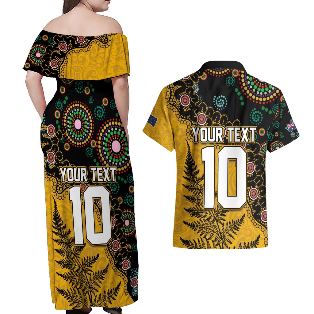 Custom New Zealand and Australia Rugby Couples Matching Off Shoulder Maxi Dress and Hawaiian Shirt Maori Warrior With Aboriginal Version LT03 - Polynesian Pride