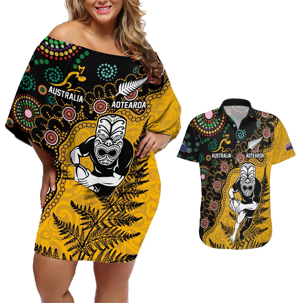 Custom New Zealand and Australia Rugby Couples Matching Off Shoulder Short Dress and Hawaiian Shirt Maori Warrior With Aboriginal Version LT03 Black - Polynesian Pride