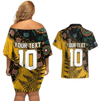 Custom New Zealand and Australia Rugby Couples Matching Off Shoulder Short Dress and Hawaiian Shirt Maori Warrior With Aboriginal Version LT03 - Polynesian Pride