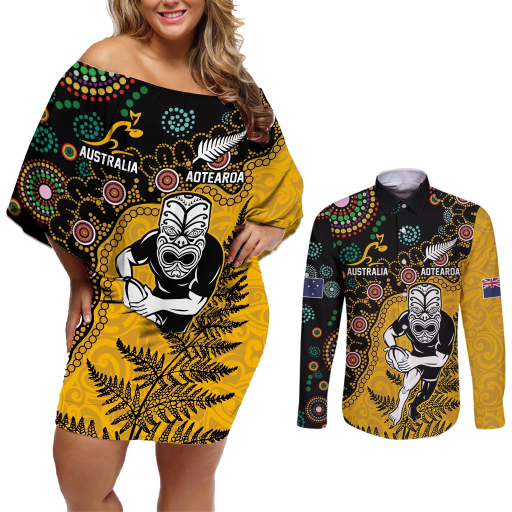 Custom New Zealand and Australia Rugby Couples Matching Off Shoulder Short Dress and Long Sleeve Button Shirt Maori Warrior With Aboriginal Version