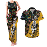 Custom New Zealand and Australia Rugby Couples Matching Tank Maxi Dress and Hawaiian Shirt Maori Warrior With Aboriginal Version LT03 Black - Polynesian Pride