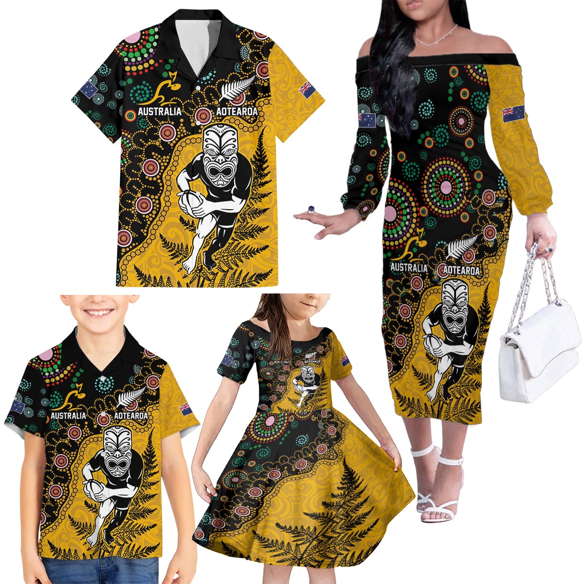 Custom New Zealand and Australia Rugby Family Matching Off The Shoulder Long Sleeve Dress and Hawaiian Shirt Maori Warrior With Aboriginal Version LT03 - Polynesian Pride