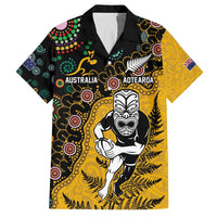 Custom New Zealand and Australia Rugby Family Matching Off The Shoulder Long Sleeve Dress and Hawaiian Shirt Maori Warrior With Aboriginal Version LT03 Dad's Shirt - Short Sleeve Black - Polynesian Pride