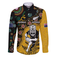 Custom New Zealand and Australia Rugby Family Matching Off The Shoulder Long Sleeve Dress and Hawaiian Shirt Maori Warrior With Aboriginal Version LT03 Dad's Shirt - Long Sleeve Black - Polynesian Pride