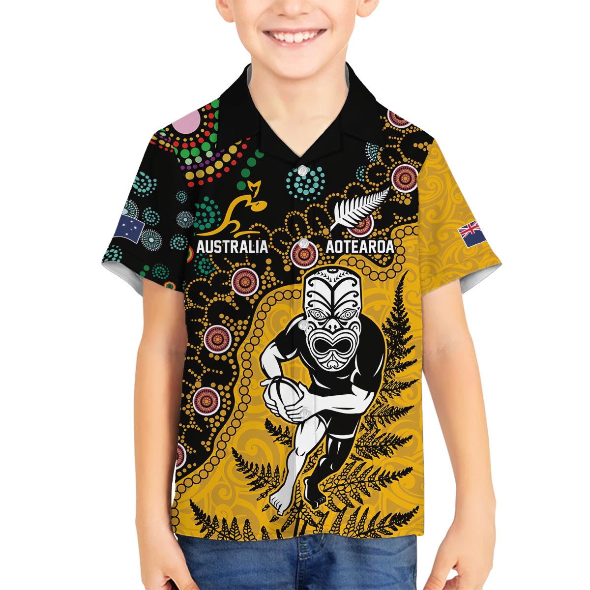 Custom New Zealand and Australia Rugby Family Matching Off The Shoulder Long Sleeve Dress and Hawaiian Shirt Maori Warrior With Aboriginal Version LT03 Son's Shirt Black - Polynesian Pride