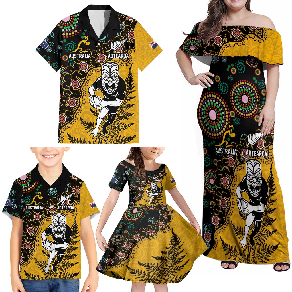 Custom New Zealand and Australia Rugby Family Matching Off Shoulder Maxi Dress and Hawaiian Shirt Maori Warrior With Aboriginal Version LT03 - Polynesian Pride