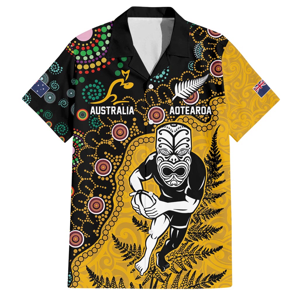 Custom New Zealand and Australia Rugby Family Matching Off Shoulder Maxi Dress and Hawaiian Shirt Maori Warrior With Aboriginal Version LT03 Dad's Shirt - Short Sleeve Black - Polynesian Pride