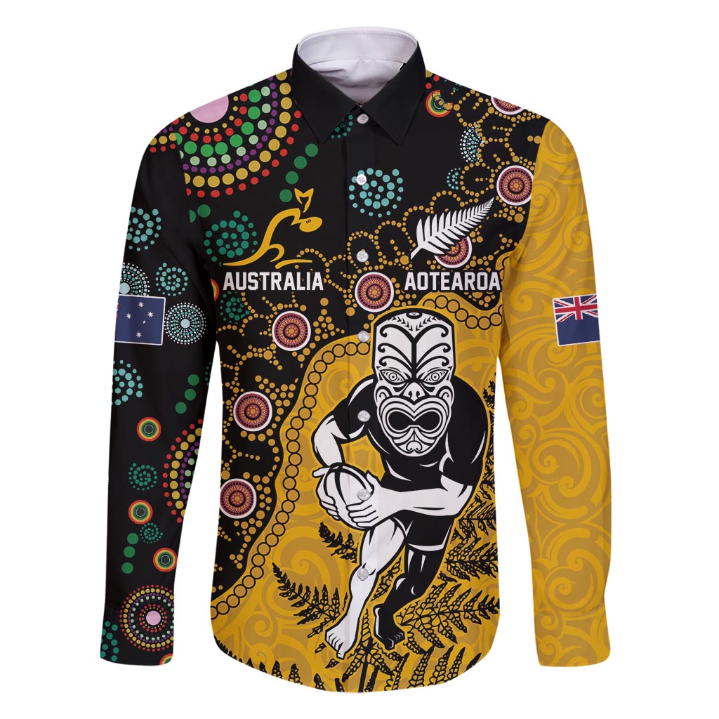 Custom New Zealand and Australia Rugby Family Matching Off Shoulder Maxi Dress and Hawaiian Shirt Maori Warrior With Aboriginal Version LT03 Dad's Shirt - Long Sleeve Black - Polynesian Pride