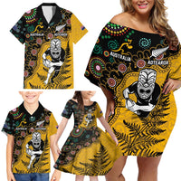 Custom New Zealand and Australia Rugby Family Matching Off Shoulder Short Dress and Hawaiian Shirt Maori Warrior With Aboriginal Version LT03 - Polynesian Pride