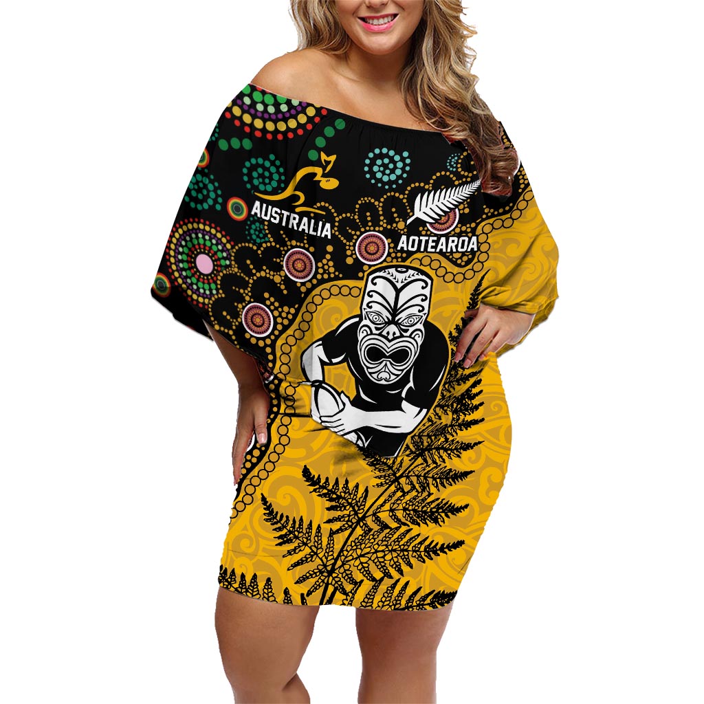 Custom New Zealand and Australia Rugby Family Matching Off Shoulder Short Dress and Hawaiian Shirt Maori Warrior With Aboriginal Version LT03 Mom's Dress Black - Polynesian Pride