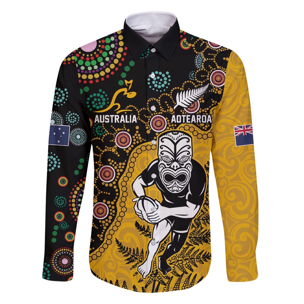 Custom New Zealand and Australia Rugby Family Matching Short Sleeve Bodycon Dress and Hawaiian Shirt Maori Warrior With Aboriginal Version LT03 Dad's Shirt - Long Sleeve Black - Polynesian Pride