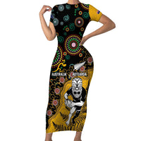 Custom New Zealand and Australia Rugby Family Matching Short Sleeve Bodycon Dress and Hawaiian Shirt Maori Warrior With Aboriginal Version LT03 Mom's Dress Black - Polynesian Pride