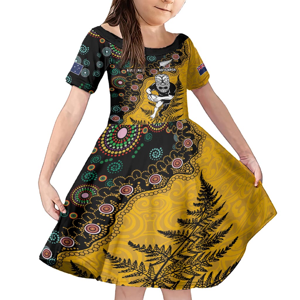 Custom New Zealand and Australia Rugby Family Matching Summer Maxi Dress and Hawaiian Shirt Maori Warrior With Aboriginal Version LT03 Daughter's Dress Black - Polynesian Pride