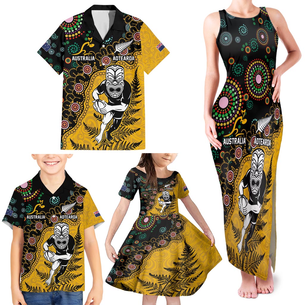 Custom New Zealand and Australia Rugby Family Matching Tank Maxi Dress and Hawaiian Shirt Maori Warrior With Aboriginal Version LT03 - Polynesian Pride