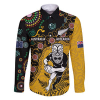 Custom New Zealand and Australia Rugby Family Matching Tank Maxi Dress and Hawaiian Shirt Maori Warrior With Aboriginal Version LT03 Dad's Shirt - Long Sleeve Black - Polynesian Pride