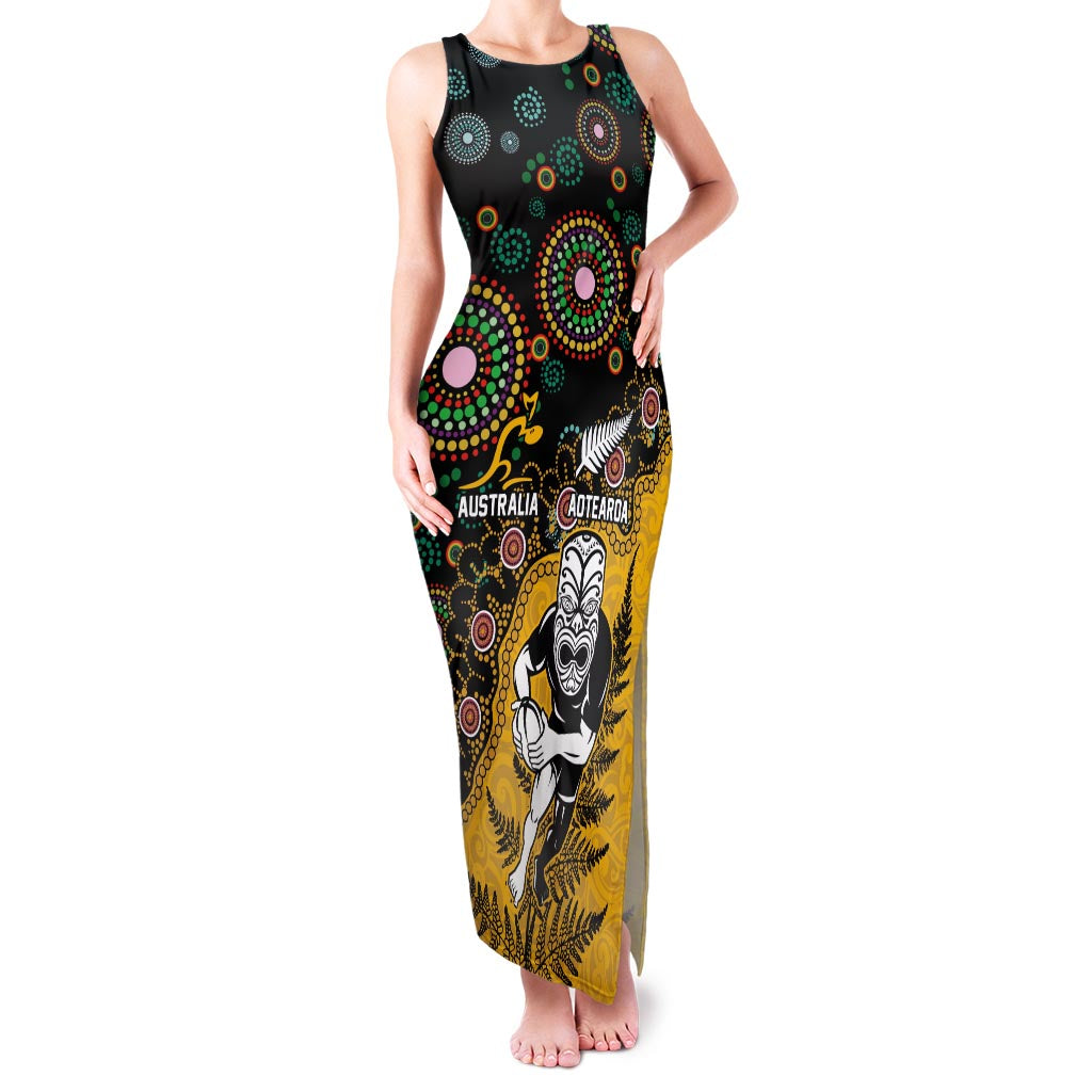 Custom New Zealand and Australia Rugby Family Matching Tank Maxi Dress and Hawaiian Shirt Maori Warrior With Aboriginal Version LT03 Mom's Dress Black - Polynesian Pride