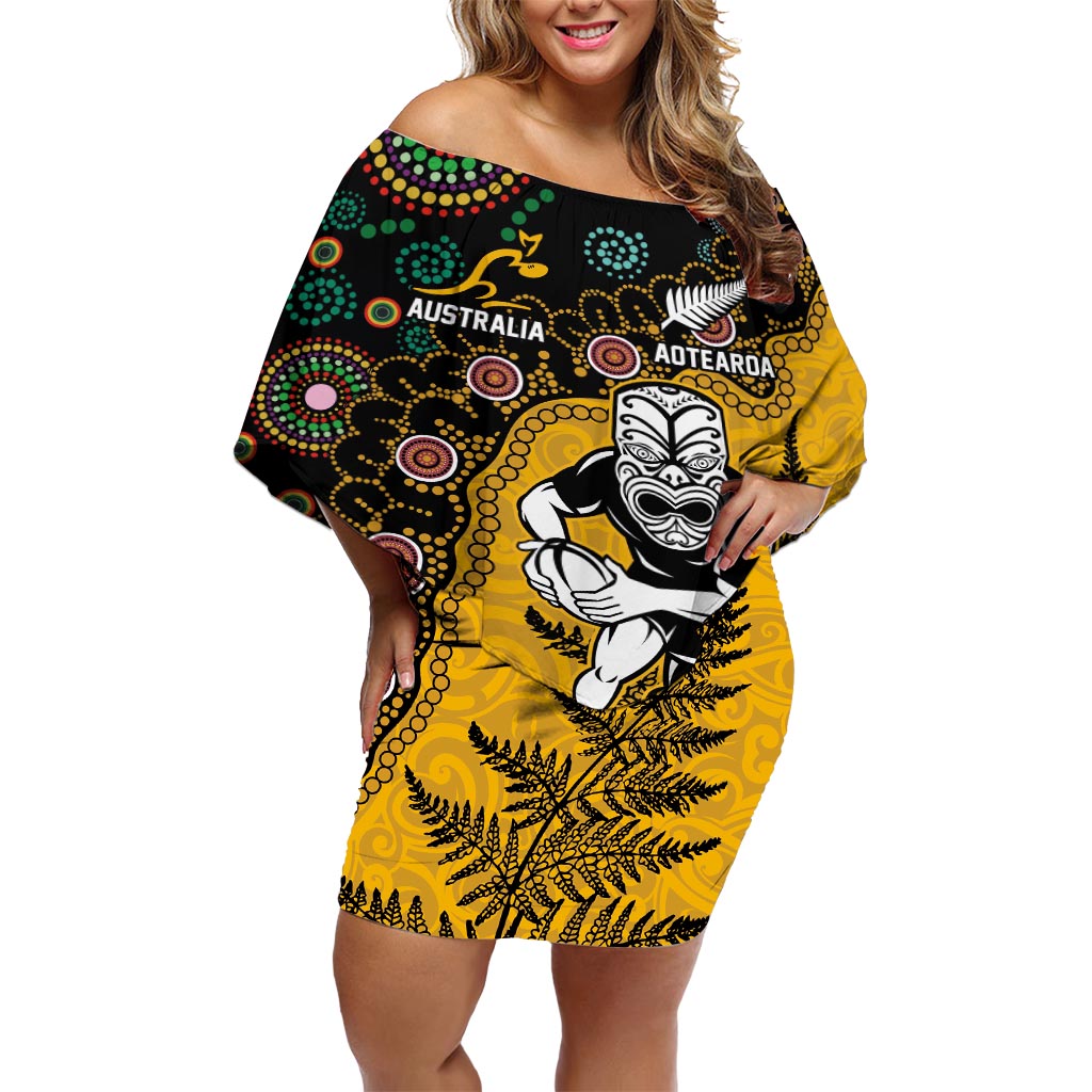 Custom New Zealand and Australia Rugby Off Shoulder Short Dress Maori Warrior With Aboriginal Version