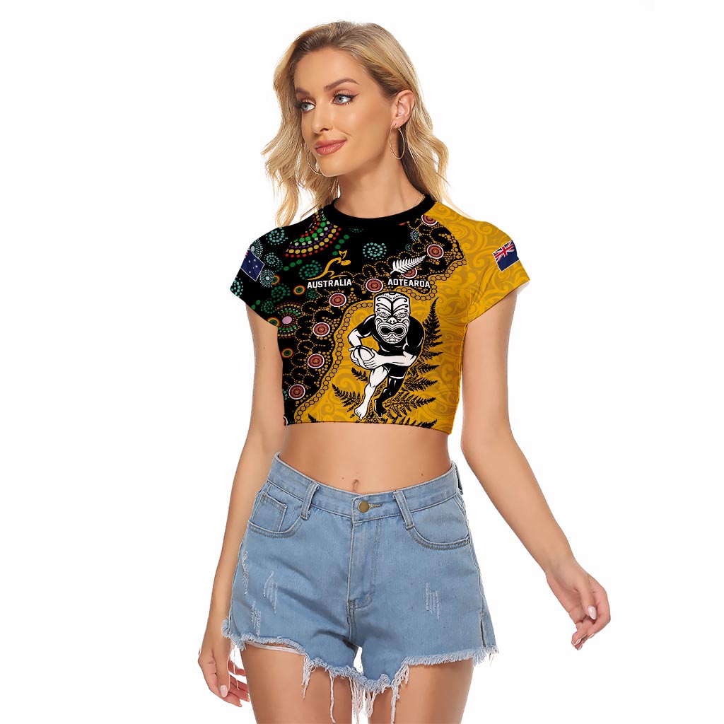 Custom New Zealand and Australia Rugby Raglan Cropped T Shirt Maori Warrior With Aboriginal Version LT03 Female Black - Polynesian Pride