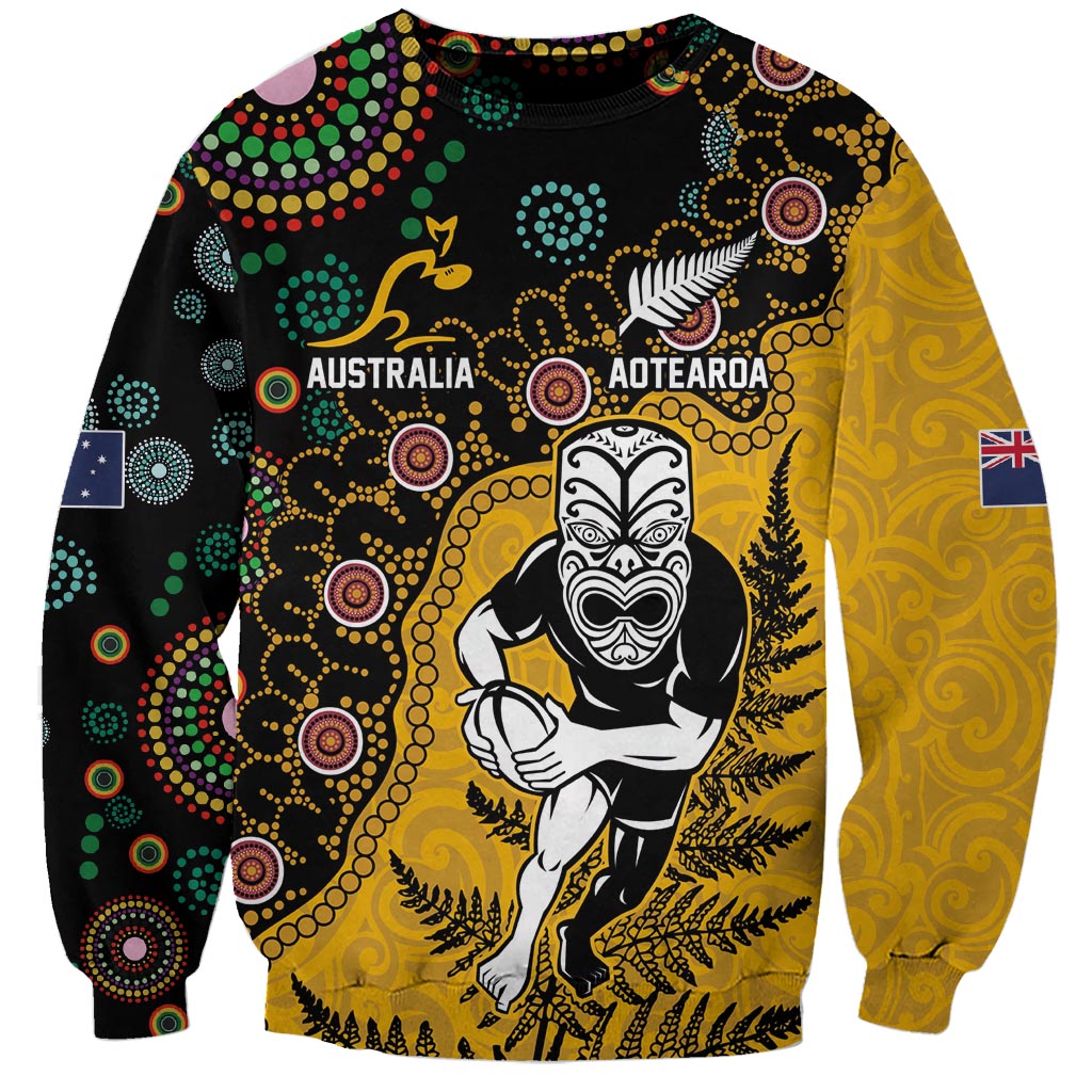 Custom New Zealand and Australia Rugby Sweatshirt Maori Warrior With Aboriginal Version LT03 Unisex Black - Polynesian Pride