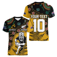 Custom New Zealand and Australia Rugby Women V-Neck T-Shirt Maori Warrior With Aboriginal Version LT03 - Polynesian Pride