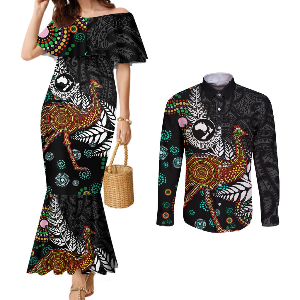 New Zealand Fern and Australia Emu Couples Matching Mermaid Dress and Long Sleeve Button Shirt Aboriginal Mix Maori Pattern LT03 Blue - Polynesian Pride
