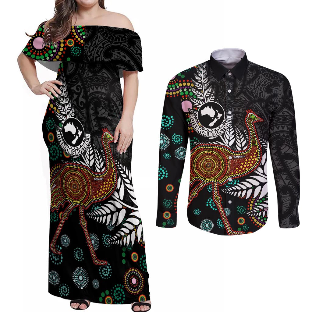 New Zealand Fern and Australia Emu Couples Matching Off Shoulder Maxi Dress and Long Sleeve Button Shirt Aboriginal Mix Maori Pattern LT03 Blue - Polynesian Pride