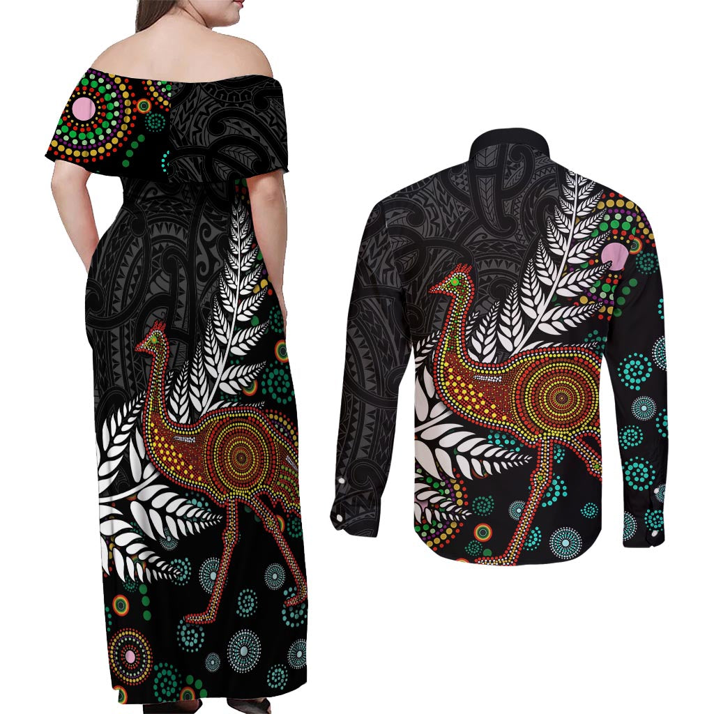 New Zealand Fern and Australia Emu Couples Matching Off Shoulder Maxi Dress and Long Sleeve Button Shirt Aboriginal Mix Maori Pattern LT03 - Polynesian Pride