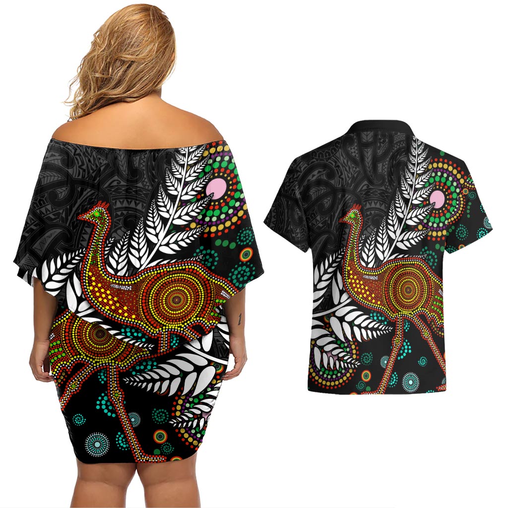 New Zealand Fern and Australia Emu Couples Matching Off Shoulder Short Dress and Hawaiian Shirt Aboriginal Mix Maori Pattern