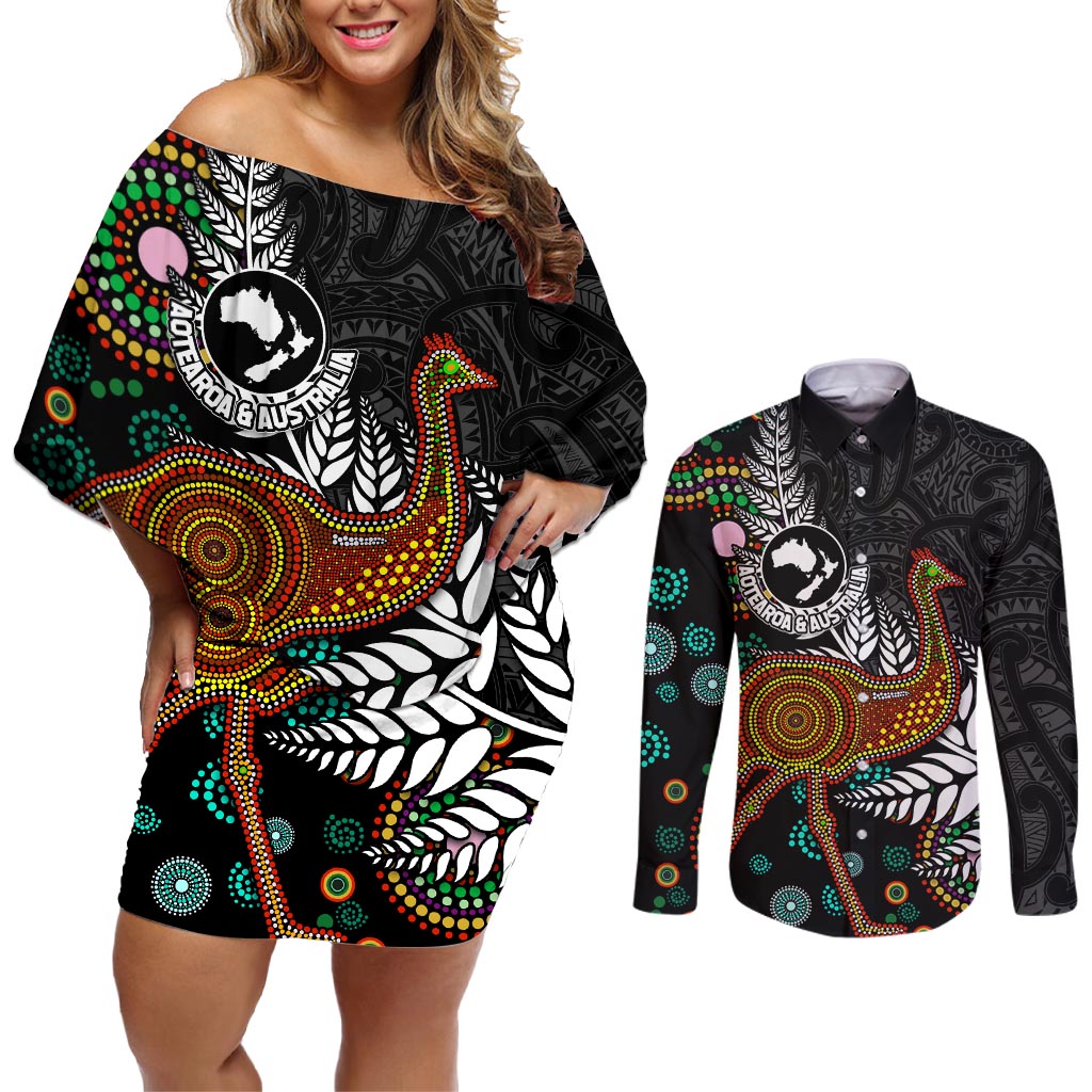 New Zealand Fern and Australia Emu Couples Matching Off Shoulder Short Dress and Long Sleeve Button Shirt Aboriginal Mix Maori Pattern LT03 Blue - Polynesian Pride