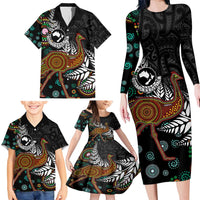 New Zealand Fern and Australia Emu Family Matching Long Sleeve Bodycon Dress and Hawaiian Shirt Aboriginal Mix Maori Pattern LT03 - Polynesian Pride