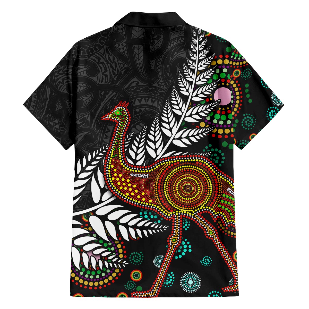 New Zealand Fern and Australia Emu Family Matching Off The Shoulder Long Sleeve Dress and Hawaiian Shirt Aboriginal Mix Maori Pattern