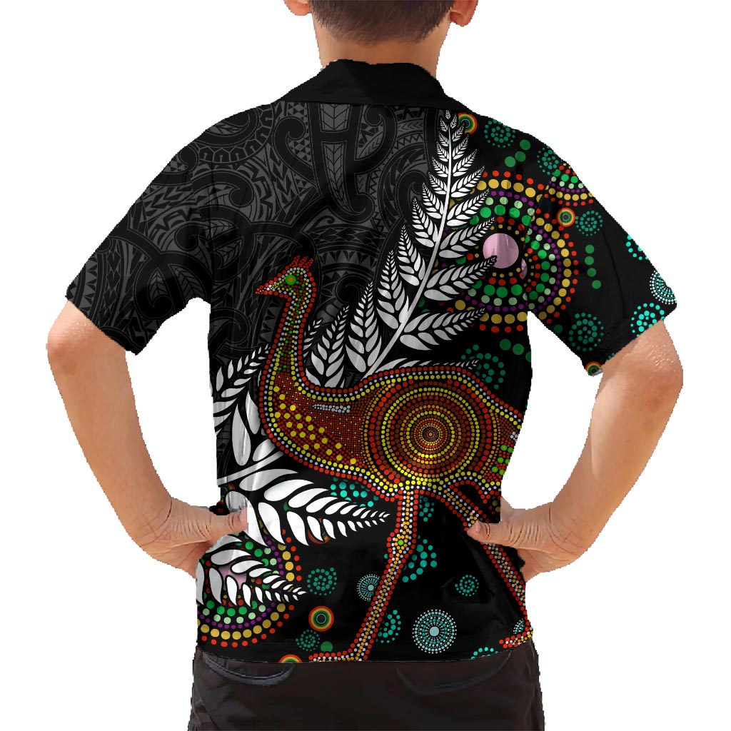 New Zealand Fern and Australia Emu Family Matching Off Shoulder Maxi Dress and Hawaiian Shirt Aboriginal Mix Maori Pattern LT03 - Polynesian Pride