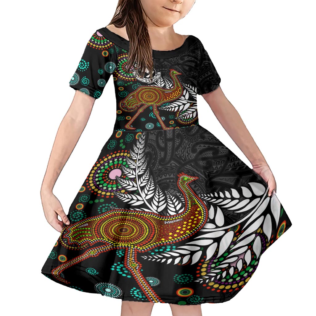 New Zealand Fern and Australia Emu Family Matching Off Shoulder Maxi Dress and Hawaiian Shirt Aboriginal Mix Maori Pattern LT03 Daughter's Dress Blue - Polynesian Pride