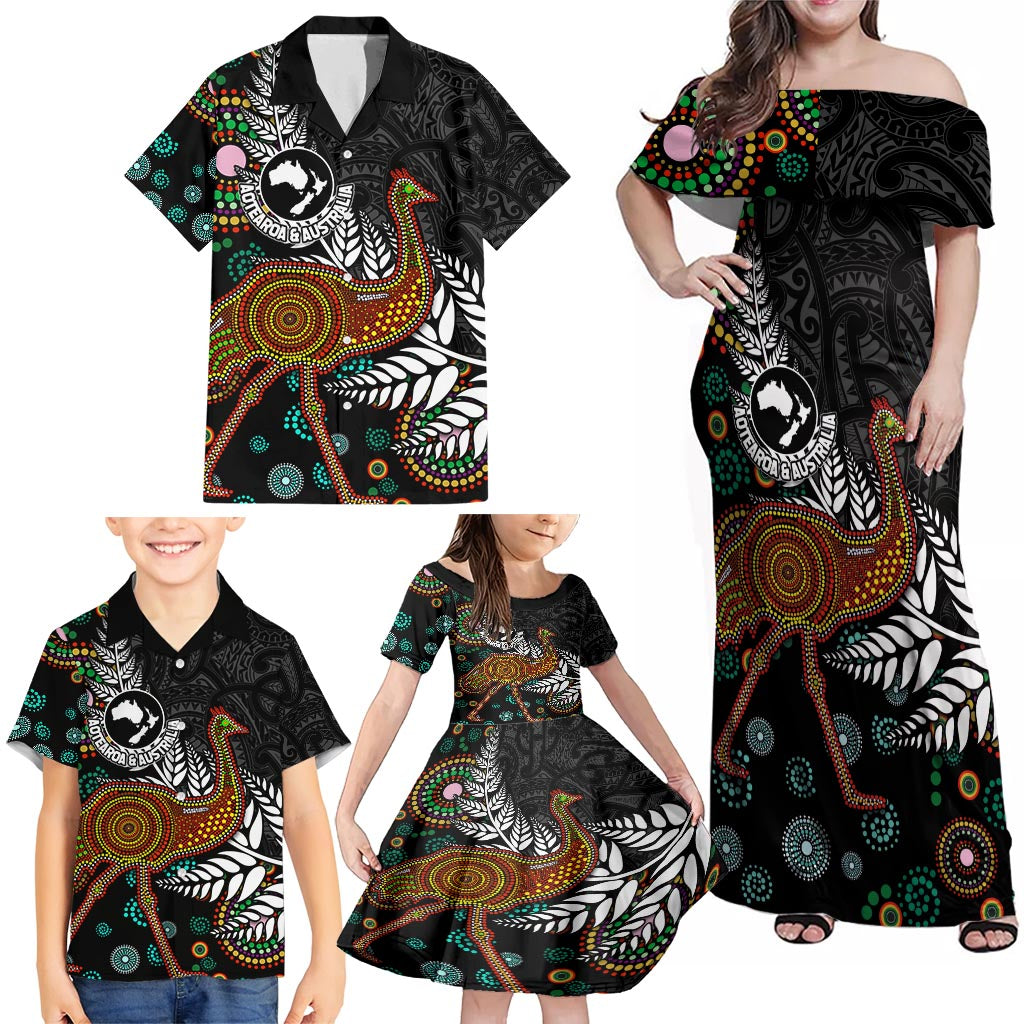 New Zealand Fern and Australia Emu Family Matching Off Shoulder Maxi Dress and Hawaiian Shirt Aboriginal Mix Maori Pattern LT03 - Polynesian Pride