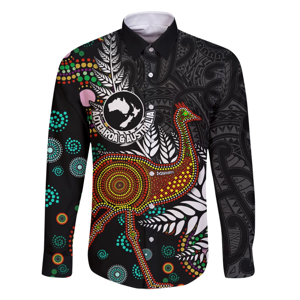 New Zealand Fern and Australia Emu Family Matching Off Shoulder Maxi Dress and Hawaiian Shirt Aboriginal Mix Maori Pattern LT03 Dad's Shirt - Long Sleeve Blue - Polynesian Pride