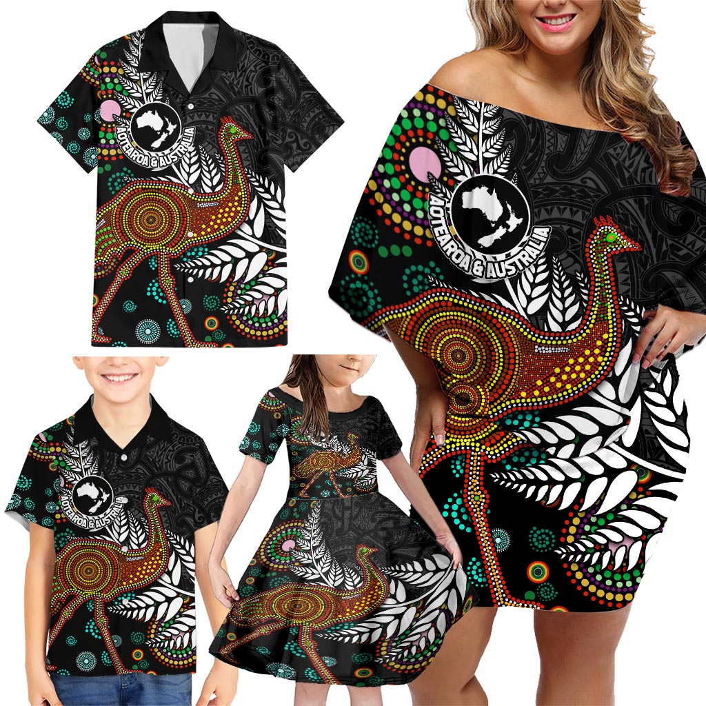 New Zealand Fern and Australia Emu Family Matching Off Shoulder Short Dress and Hawaiian Shirt Aboriginal Mix Maori Pattern LT03 - Polynesian Pride