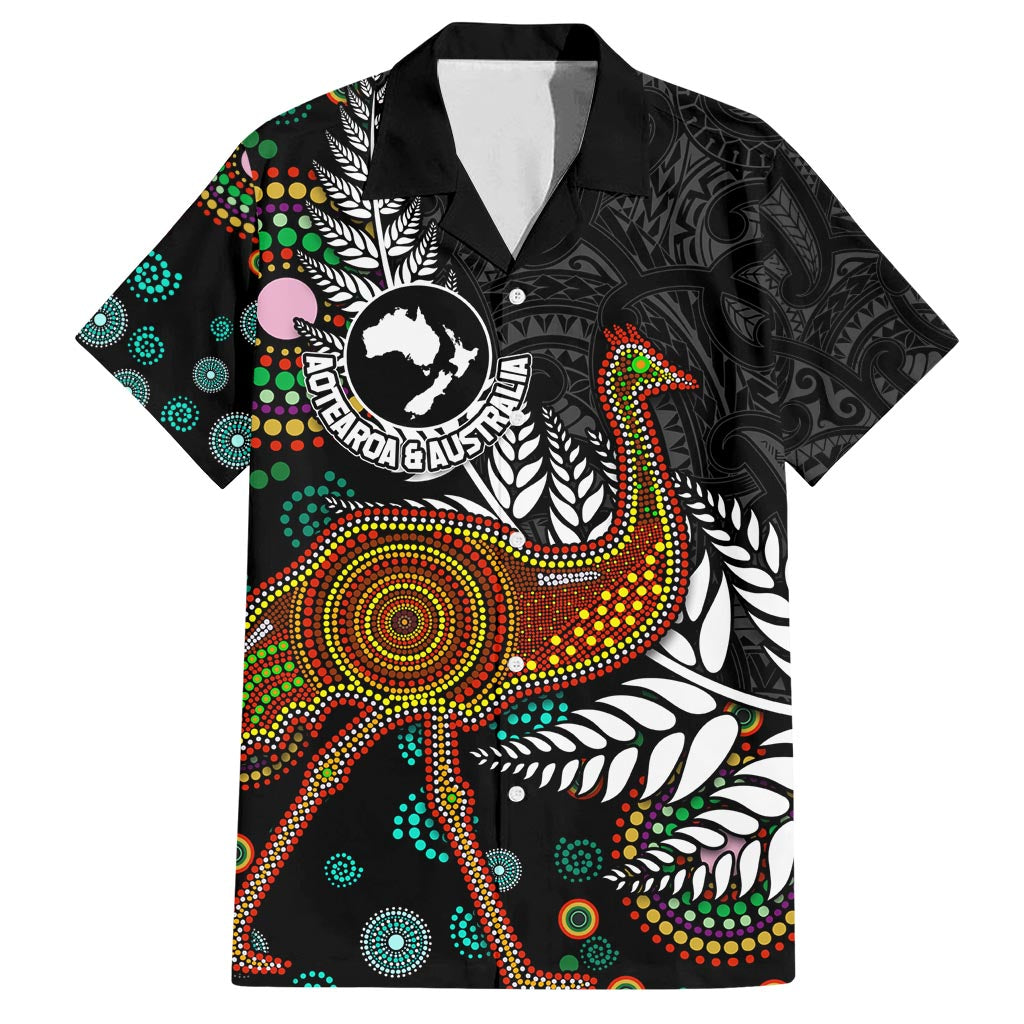 New Zealand Fern and Australia Emu Family Matching Off Shoulder Short Dress and Hawaiian Shirt Aboriginal Mix Maori Pattern LT03 Dad's Shirt - Short Sleeve Blue - Polynesian Pride